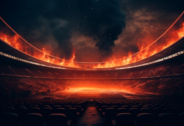 FOTO REALÍSTICA DO ESTÁDIO COM FUMAÇA E FOGO EM 4K