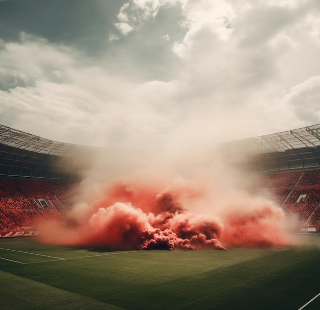 FOTO REALÍSTICA DO ESTÁDIO COM FUMAÇA VERMELHA EM 4K