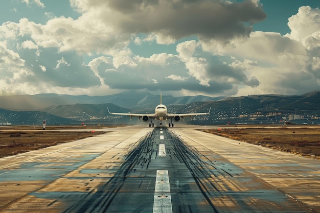 Foto realista de un aeropuerto con una aeronave despegando a la luz del día