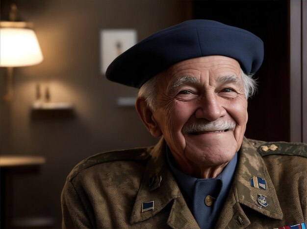 Foto realista de un anciano veterano del ejército sonriendo mirando a la cámara por IA generativa