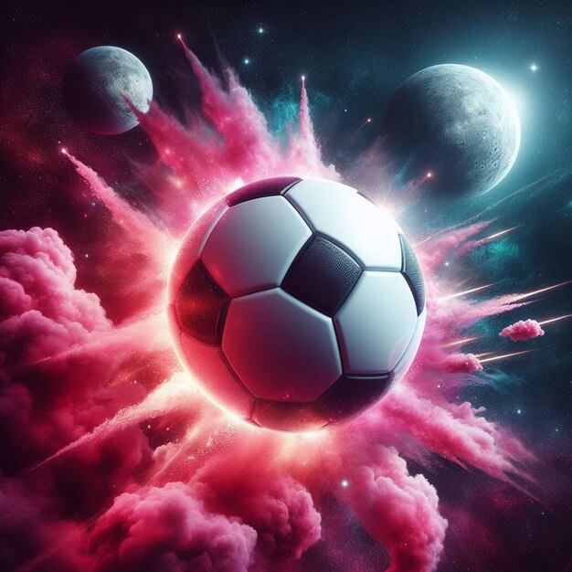Foto realista bola de futebol como um planeta no espaço com fumaça rosa e explosões com 2 luas no