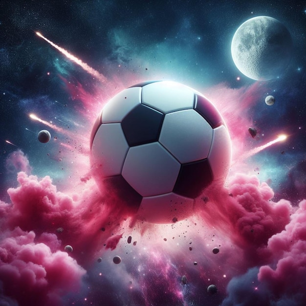 Foto realista bola de futebol como um planeta no espaço com fumaça rosa e explosões com 2 luas no