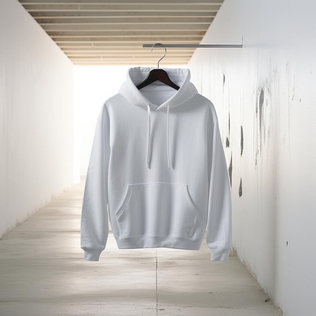foto realista camisola branca com capuz Gildan 1850 pendurada na parede a camisola está vazia