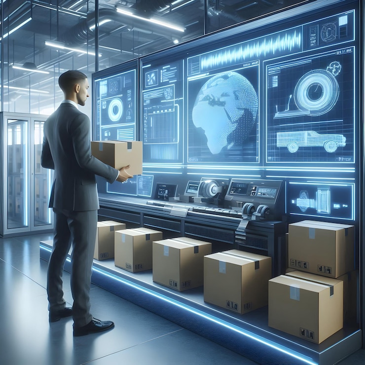 Foto foto realista como especialista en embalaje con cajas y cinta en el concepto de estación de embalaje futurista como m