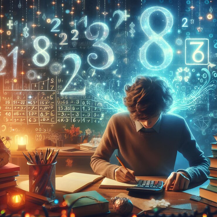 Foto foto realista como estudante de matemática com calculadora e cadernos no conceito de sala de aula encantada
