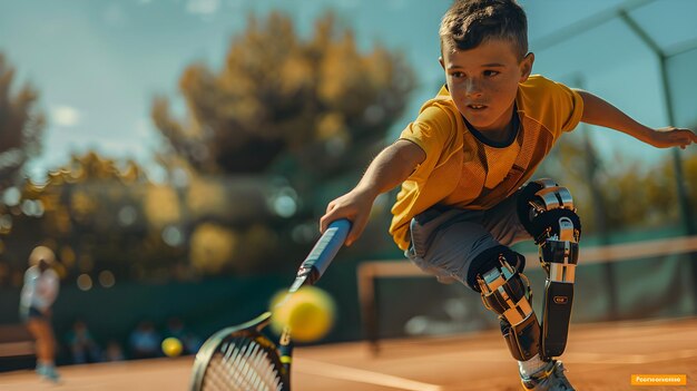 Foto foto realista como um menino com uma perna prótese jogando futebol com o conceito de sua equipe como um rapaz com um pr