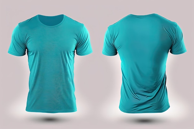 Foto realista de camisetas masculinas em cor ciano com espaço de cópia na frente e atrás