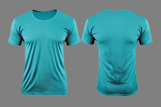 Foto realista de camisetas masculinas em cor ciano com espaço de cópia na frente e atrás