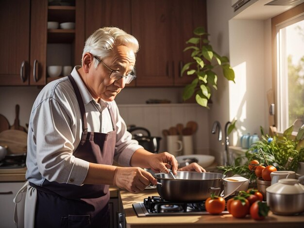 Foto realista de homem idoso cozinhando na cozinha doméstica por Generative AI