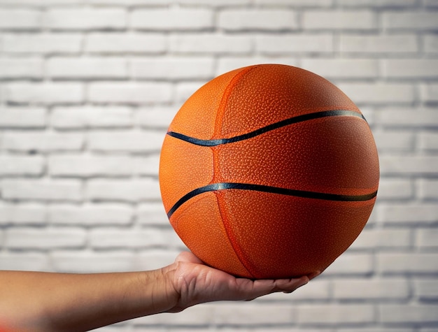 foto realista de mão segurando uma bola de basquete em fundo de tijolo branco