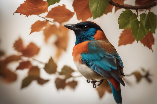 Foto realista de pássaro colorido no dia nacional dos animais e folhas na parede branca