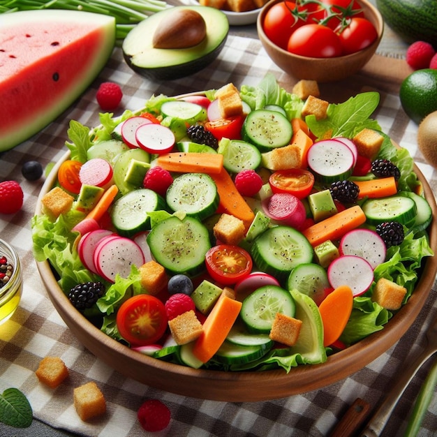 Foto realista de salada e frutas