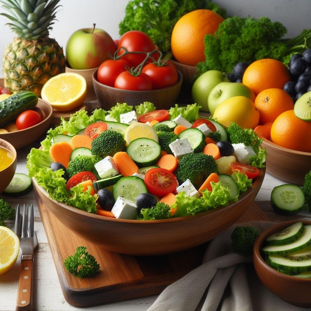 Foto realista de salada e frutas