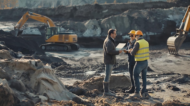 Foto realista de trabalhadores da construção e máquinas em um canteiro de obras