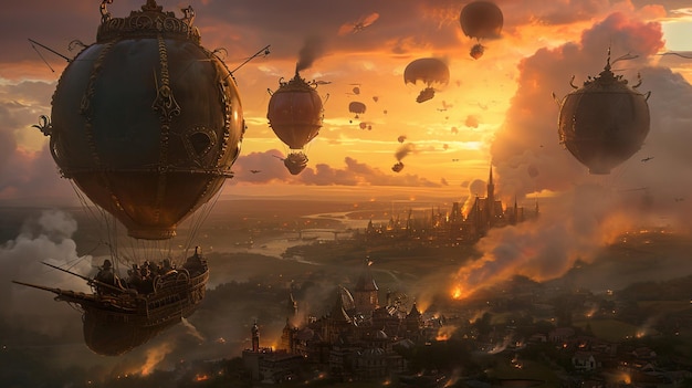 Foto realista de um balão de ar quente de estilo steampunk aconchegante