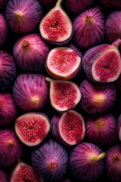 Foto realista de um bando de figos em cima de uma paisagem frutífera