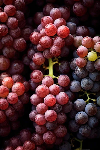 Foto realista de um feixe de uvas em cima de uma paisagem frutífera