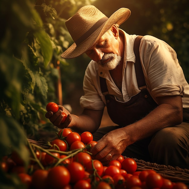 Foto realista de um jardineiro em seu jardim colhendo tomates