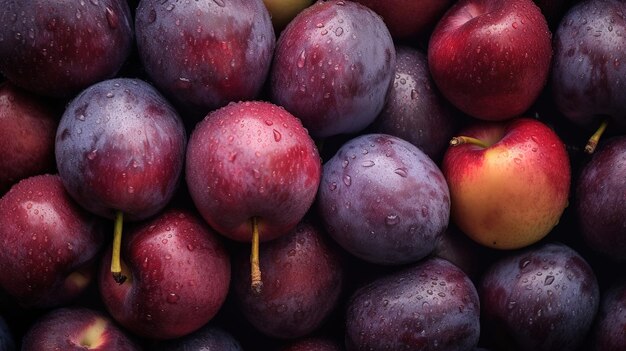 Foto realista de um monte de ameixas em cima de uma paisagem frutífera