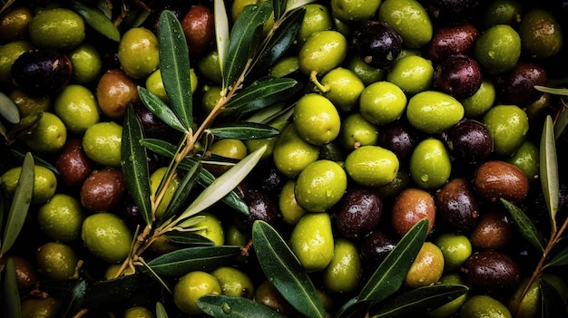 Foto realista de um monte de azeitonas em cima de uma paisagem frutífera