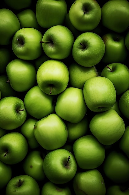 Foto realista de um monte de maçãs verdes em cima de uma paisagem frutífera