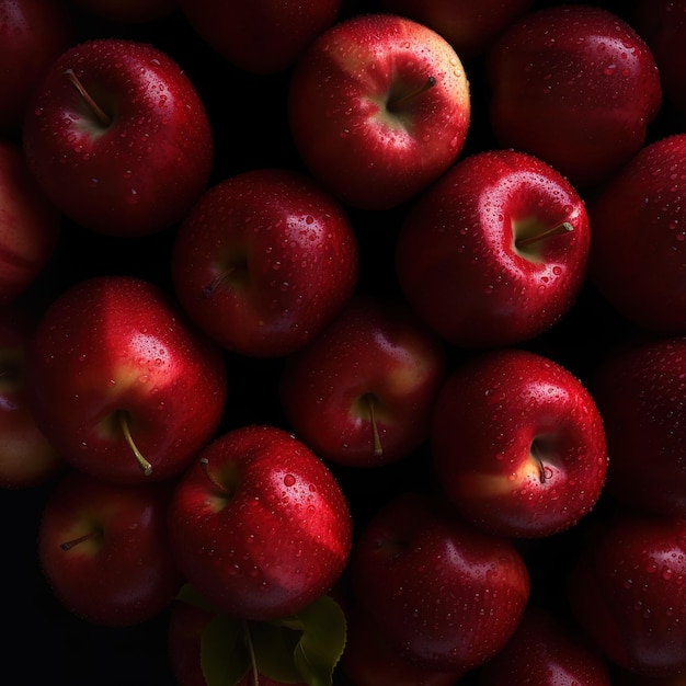 Foto realista de um monte de maçãs vermelhas em cima de uma paisagem frutífera