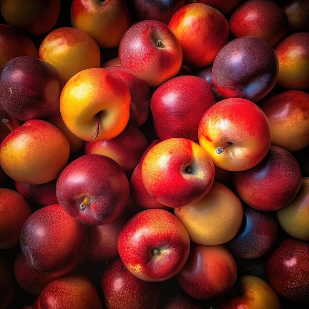 Foto realista de um monte de nectarinas em cima de uma paisagem frutífera