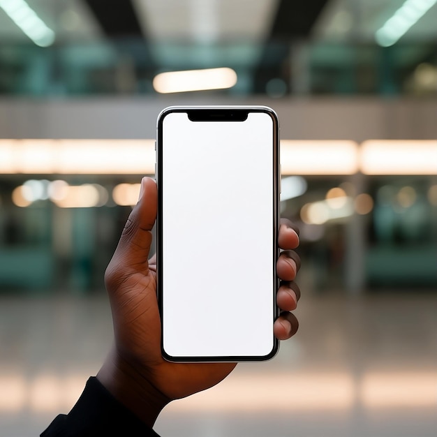 Foto realista de un smartphone moderno con pantalla blanca siendo sostenido por una mano negra (Foto von einem modernen Smartphone mit weißer Schirm, der von einem schwarzen Mann aufrechterhalten wird)