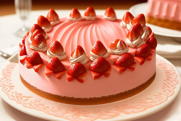 Foto foto realista detalhe bolo mousse fraisier bolo de morango com mousse de biscoito e geléia de verão