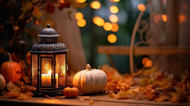 Foto realista do conjunto de outono e decorações com condição de luz quente