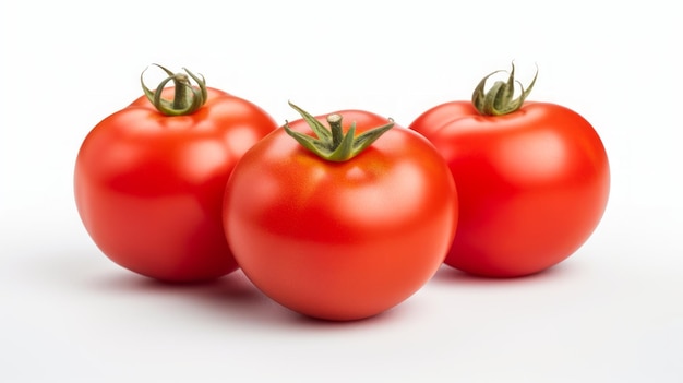 Foto realista em close-up de três tomates maduros sobre um fundo branco IA geradora