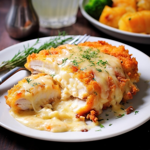 Foto realista escalope de pollo gratinado con cheddar