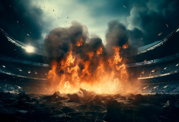 FOTO REALISTA DEL ESTADIO CON HUMO Y FUEGO EN 4K