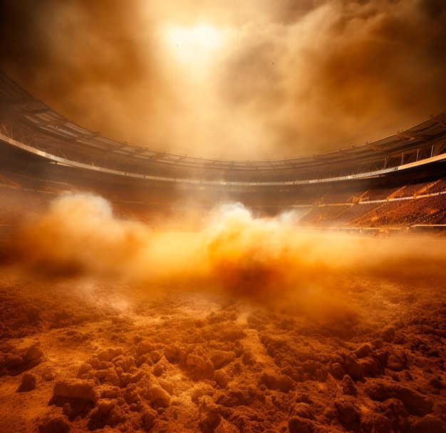 FOTO REALISTA DEL ESTADIO CON HUMO Y POLVO EN 4K