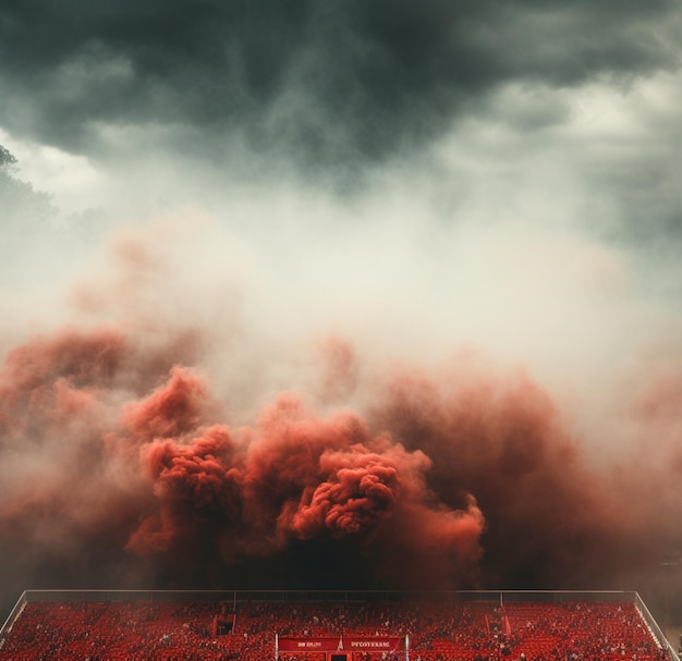 FOTO REALISTA DEL ESTADIO CON HUMO ROJO EN 4K