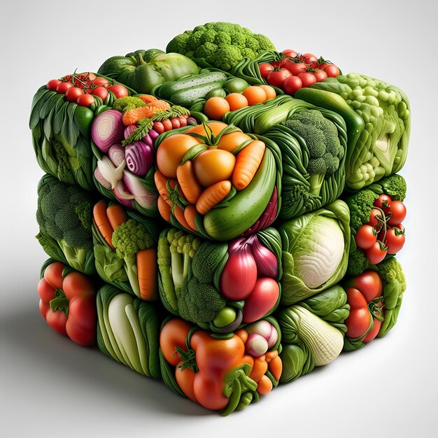 Foto realista en forma de cubo 3D de vegetales aislados sobre un fondo blanco