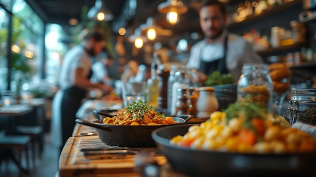 foto realista fundo de restaurante desfocado com algumas pessoas comendo e chefs e garçons trabalhando em alta resolução super detalhe 16k