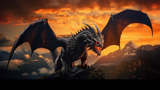 Foto realista hermoso majestuoso dragón negro opulento fondo de montaña puesta de sol