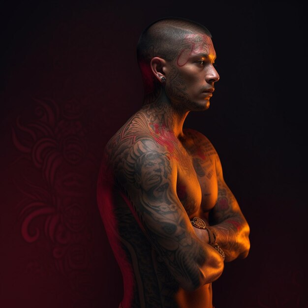 Foto realista de un hombre increíblemente hermoso con tatuajes en todo el cuerpo