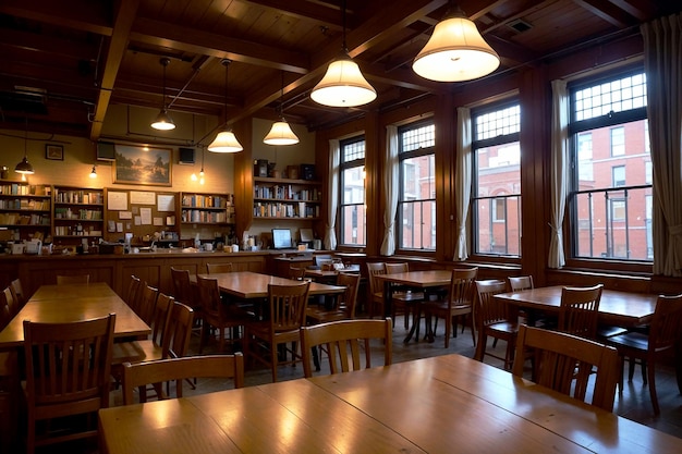 Foto foto realista interior de sillas de mesa de madera con ventana brillante sala de estudio de biblioteca iluminada