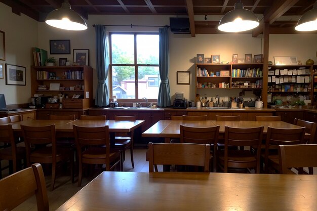 Foto foto realista interior de sillas de mesa de madera con ventana brillante sala de estudio de biblioteca iluminada