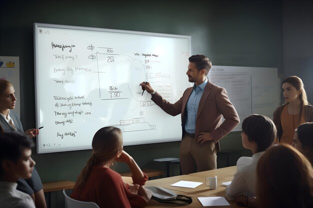 foto realista de un maestro escribiendo en la pizarra