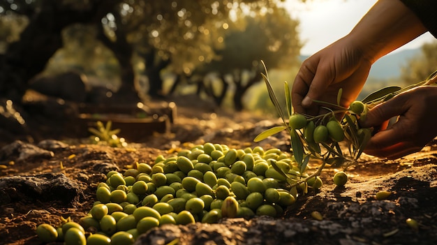 Foto una foto realista de manos recogiendo aceitunas en una aceituna