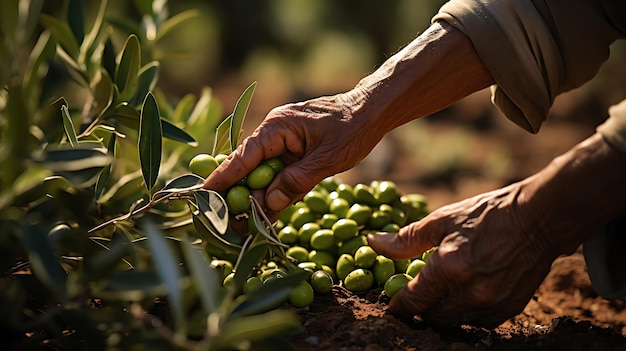 Foto una foto realista de manos recogiendo aceitunas en una aceituna