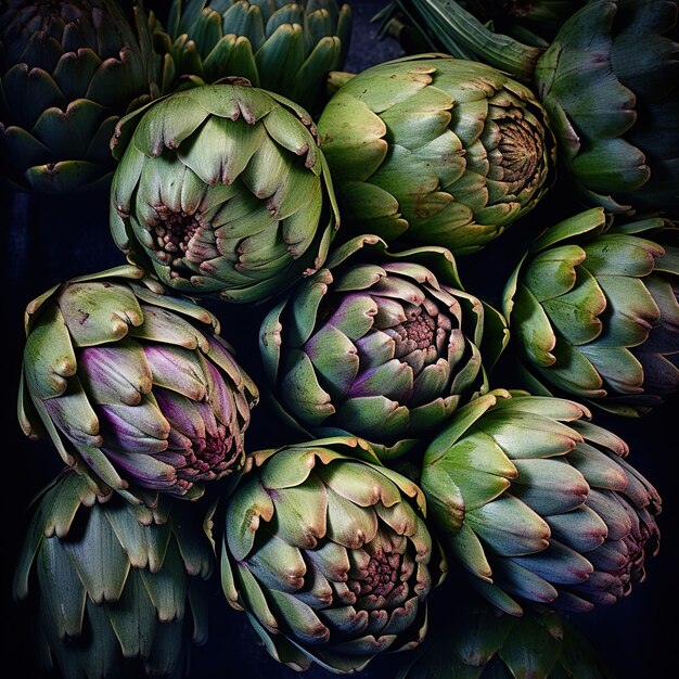 Foto foto realista de un montón de alcachofas vista superior de las verduras paisaje