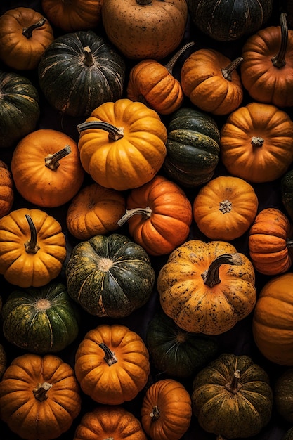 Foto realista de un montón de calabazas en la vista superior del paisaje de frutas