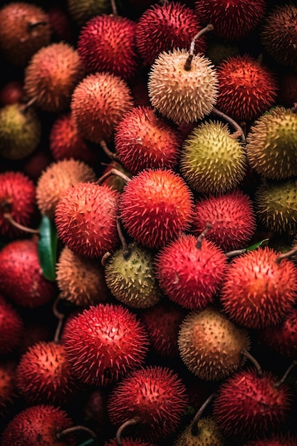 Foto realista de un montón de rambutanes desde la parte superior del paisaje de frutas