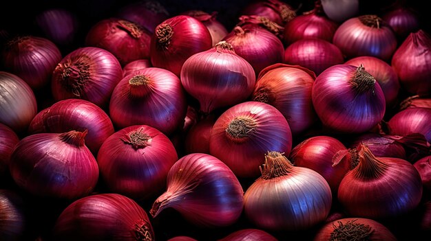 Foto realista de un montón de verduras de la vista superior de la cebolla roja