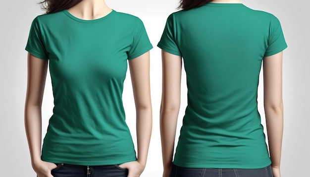 Foto realista mujer camisetas verdes con espacio de copia vista frontal y posterior