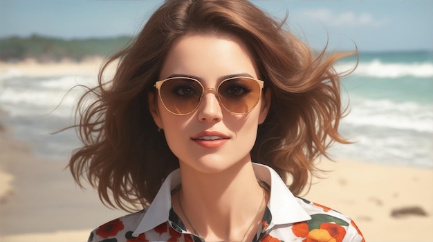 Foto realista de una mujer con gafas de sol en la playa y una camisa completa de IA generativa